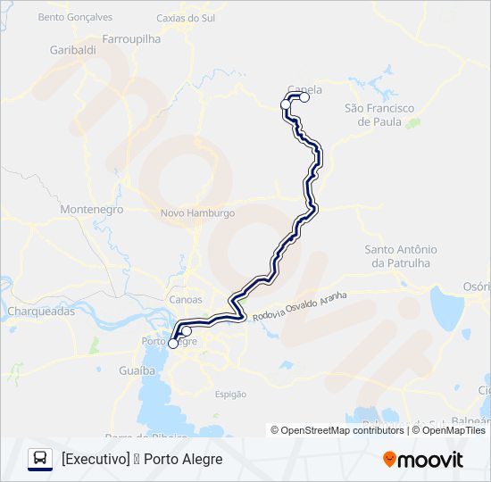Mapa da linha 0692 PORTO ALEGRE - CANELA (VIA GRAMADO) de ônibus