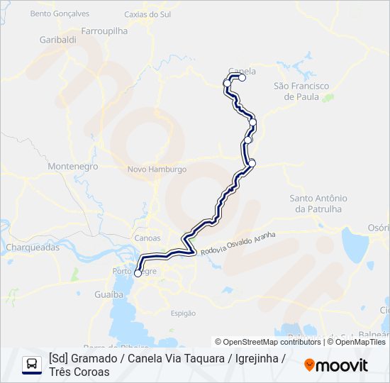 Mapa da linha 0692 PORTO ALEGRE - CANELA (VIA GRAMADO) de ônibus