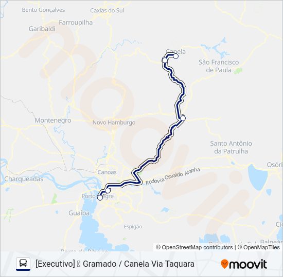 Mapa da linha 0692 PORTO ALEGRE - CANELA (VIA GRAMADO) de ônibus