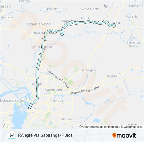 Mapa da linha N801 TAQUARA / PORTO ALEGRE VIA SAPIRANGA de ônibus