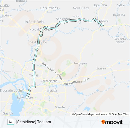 Mapa da linha N801 TAQUARA / PORTO ALEGRE VIA SAPIRANGA de ônibus