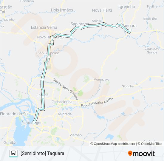 Mapa da linha N801 TAQUARA / PORTO ALEGRE VIA SAPIRANGA de ônibus