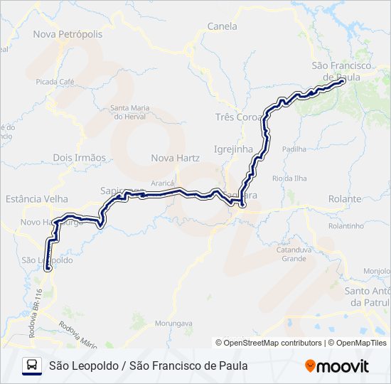 Mapa da linha 2116 SÃO LEOPOLDO / SÃO FRANCISCO DE PAULA de ônibus