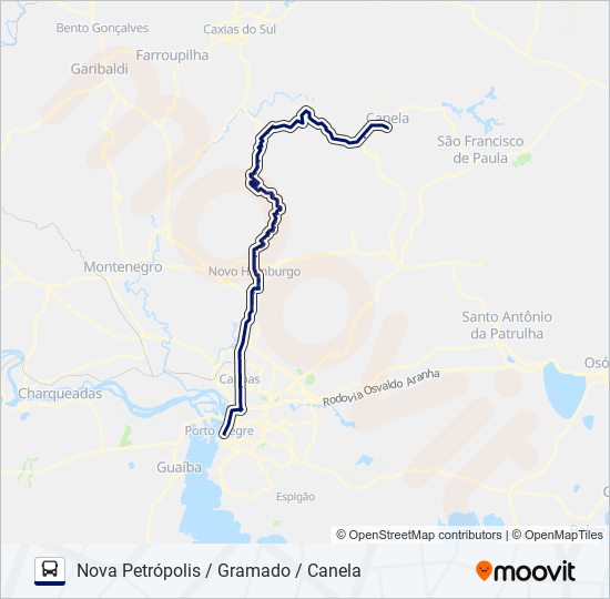 Mapa da linha 0295 PORTO ALEGRE / CANELA VIA NOVA PETRÓPOLIS de ônibus