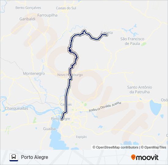 Mapa da linha 0295 PORTO ALEGRE / CANELA VIA NOVA PETRÓPOLIS de ônibus