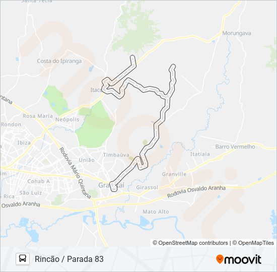 Mapa da linha NC2 RINCÃO / PARADA 83 de ônibus