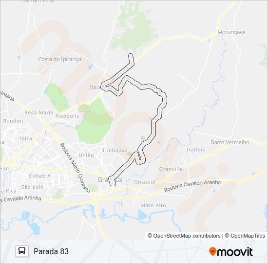 Mapa da linha NC2 RINCÃO / PARADA 83 de ônibus