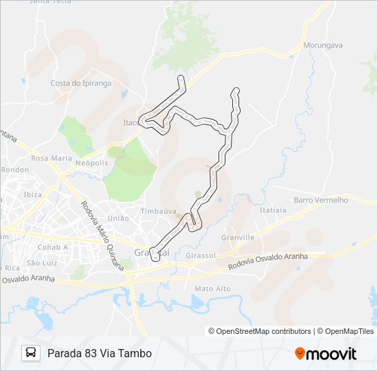 Mapa da linha NC2 RINCÃO / PARADA 83 de ônibus