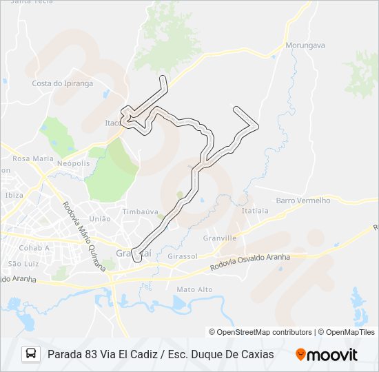 Mapa da linha NC2 RINCÃO / PARADA 83 de ônibus