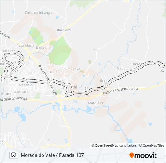 Mapa da linha MIDI MORADA DO VALE / PARADA 107 de ônibus