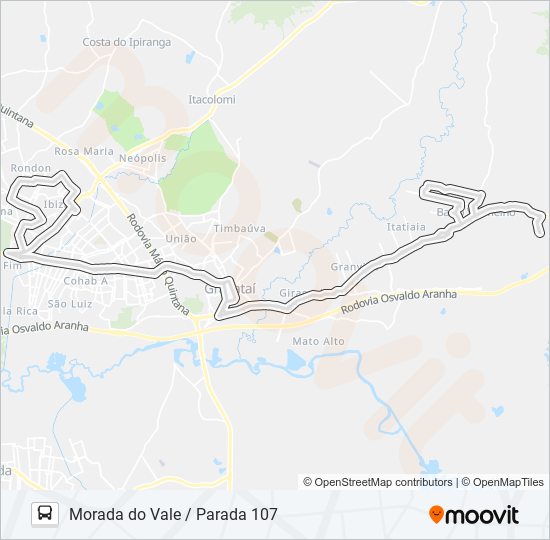 Mapa da linha MIDI MORADA DO VALE / PARADA 107 de ônibus