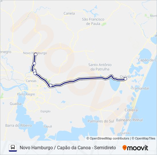 Mapa da linha 0058 NOVO HAMBURGO / CAPÃO DA CANOA - SEMIDIRETO de ônibus