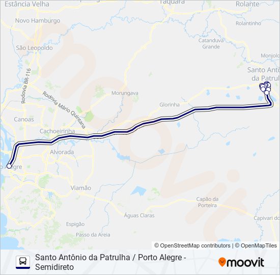 Mapa da linha W072 SANTO ANTÔNIO DA PATRULHA / PORTO ALEGRE - SEMIDIRETO de ônibus