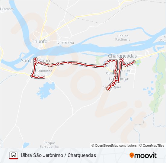 Mapa da linha RT360 ULBRA SÃO JERÔNIMO / CHARQUEADAS de ônibus
