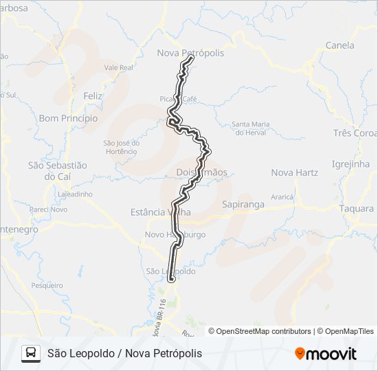 Mapa da linha 0516 SÃO LEOPOLDO / NOVA PETRÓPOLIS de ônibus