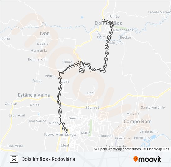 Mapa da linha R080A DOIS IRMÃOS / NOVO HAMBURGO VIA SÃO LUIS de ônibus