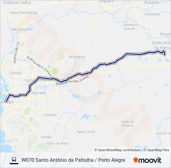 Mapa da linha W070 SANTO ANTÔNIO DA PATRULHA / PORTO ALEGRE de ônibus