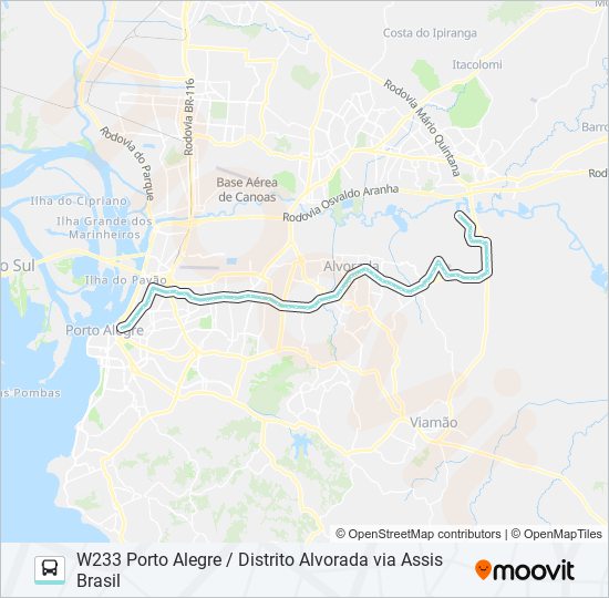 Mapa da linha W233 PORTO ALEGRE / DISTRITO ALVORADA VIA ASSIS BRASIL de ônibus
