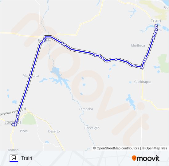 Mapa da linha 25105 TRAIRÍ / ITAPIPOCA / VIA CE-085 de ônibus