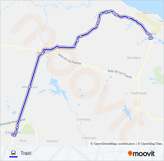 Mapa da linha 25114 TRAIRÍ / ITAPIPOCA / VIA CANAÃ de ônibus