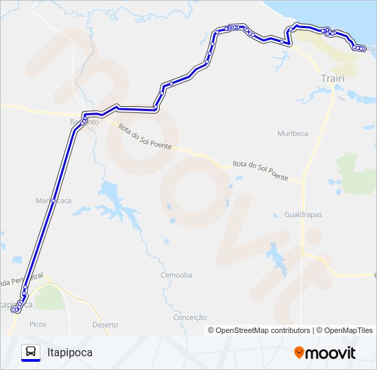 Mapa da linha 25111 GUAJIRÚ / ITAPIPOCA VIA CANAÃ / FLECHEIRAS de ônibus
