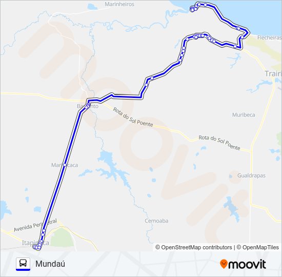 Mapa da linha 25110 MUNDAÚ / ITAPIPOCA VIA CANAÃ de ônibus