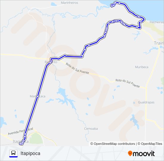 Mapa da linha 25110 MUNDAÚ / ITAPIPOCA VIA CANAÃ de ônibus