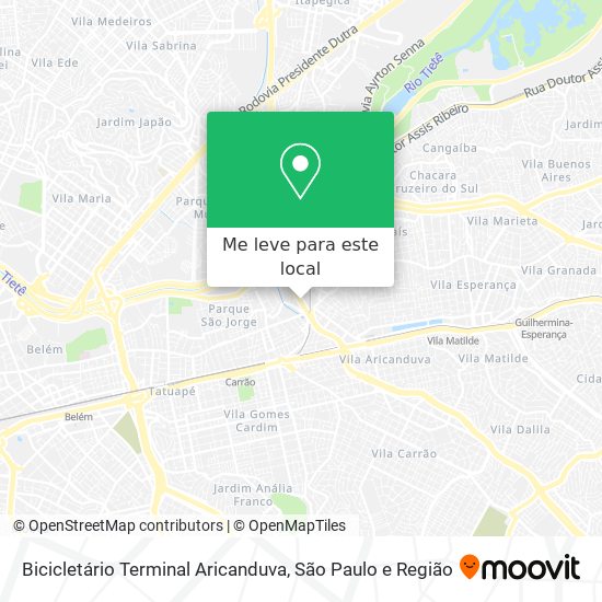 Bicicletário Terminal Aricanduva mapa