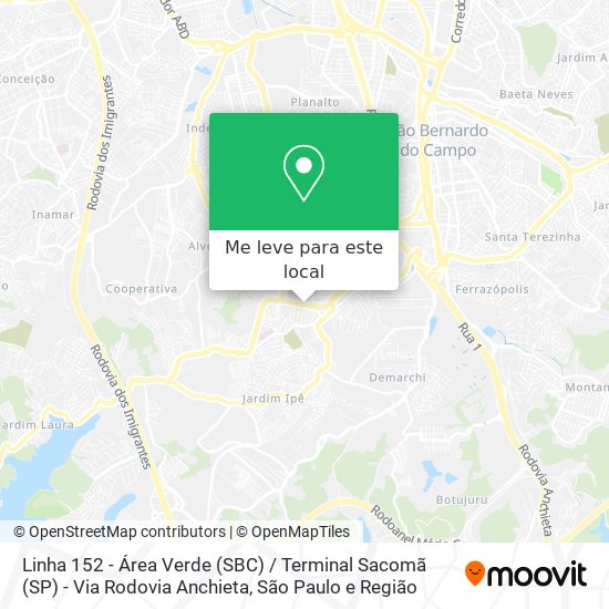 Linha 152 - Área Verde (SBC) / Terminal Sacomã (SP) - Via Rodovia Anchieta mapa
