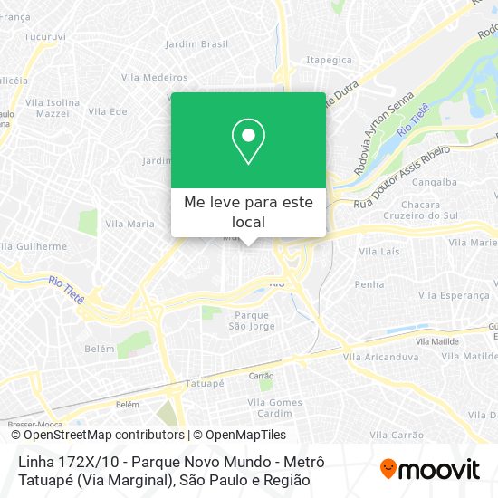 Linha 172X / 10 - Parque Novo Mundo - Metrô Tatuapé (Via Marginal) mapa