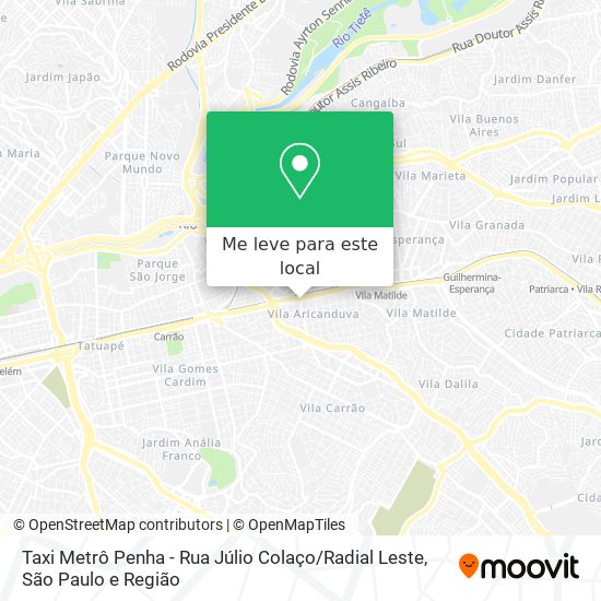 Taxi Metrô Penha - Rua Júlio Colaço / Radial Leste mapa