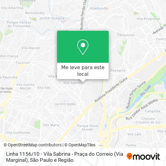 Linha 1156 / 10 - Vila Sabrina - Praça do Correio (Via Marginal) mapa