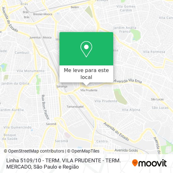 Linha 5109 / 10 - TERM. VILA PRUDENTE - TERM. MERCADO mapa