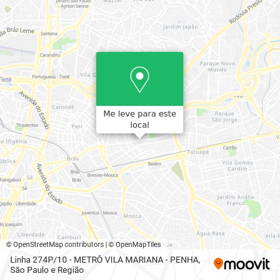 Linha 274P / 10 - METRÔ VILA MARIANA - PENHA mapa