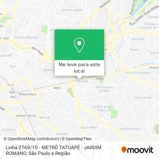 Linha 2769 / 10 - METRÔ TATUAPÉ - JARDIM ROMANO mapa