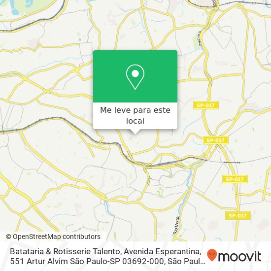 Batataria & Rotisserie Talento, Avenida Esperantina, 551 Artur Alvim São Paulo-SP 03692-000 mapa