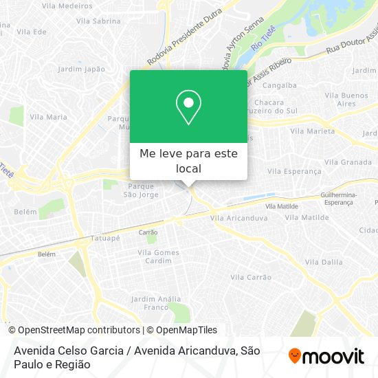 Avenida Celso Garcia / Avenida Aricanduva mapa