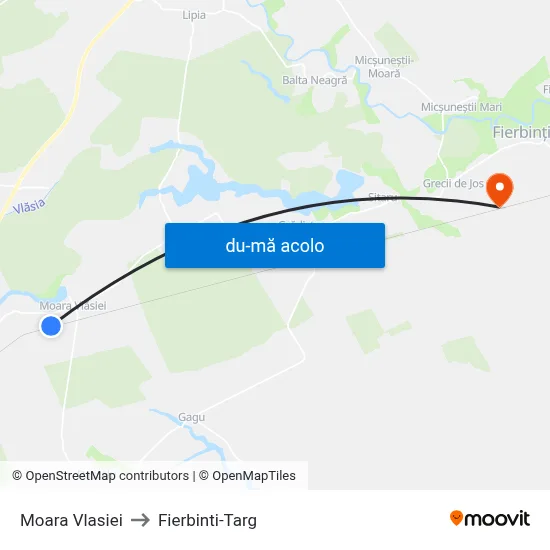 Harta de Moara Vlasiei către Fierbinti-Targ