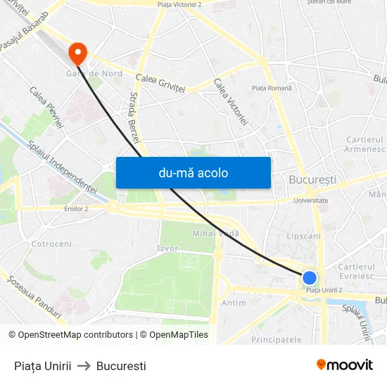 Harta de Piața Unirii către Bucuresti