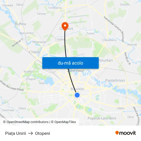 Harta de Piața Unirii către Otopeni