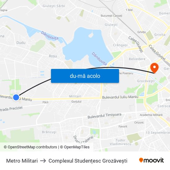 Harta de Metro Militari către Complexul Studențesc Grozăvești