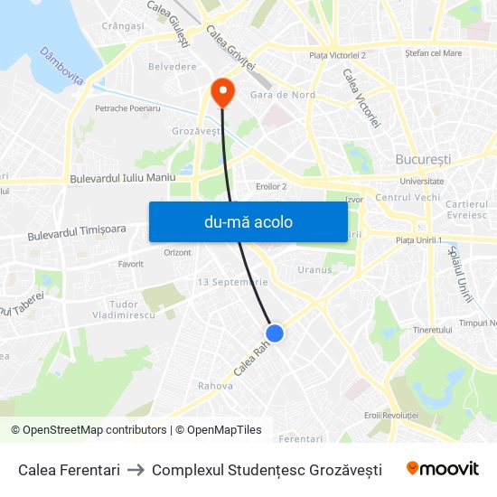 Harta de Calea Ferentari către Complexul Studențesc Grozăvești