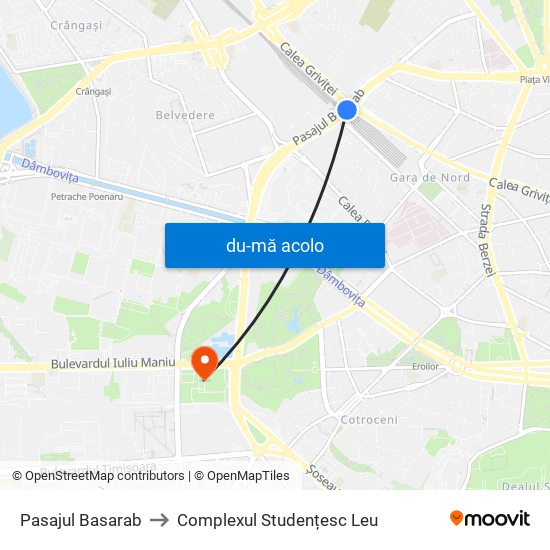 Harta de Pasajul Basarab către Complexul Studențesc Leu