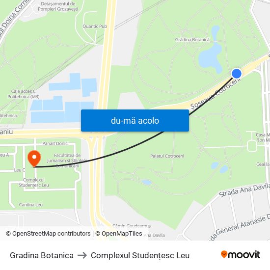 Harta de Gradina Botanica către Complexul Studențesc Leu
