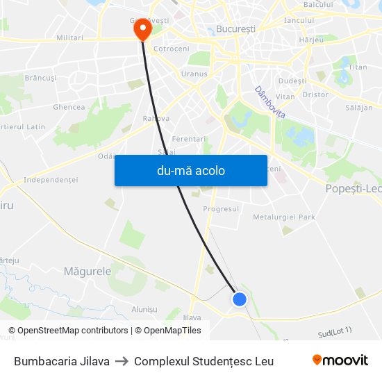 Harta de Bumbacaria Jilava către Complexul Studențesc Leu