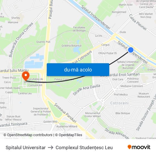 Harta de Spitalul Universitar către Complexul Studențesc Leu