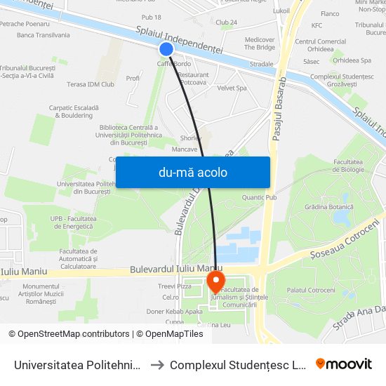 Harta de Universitatea Politehnica către Complexul Studențesc Leu
