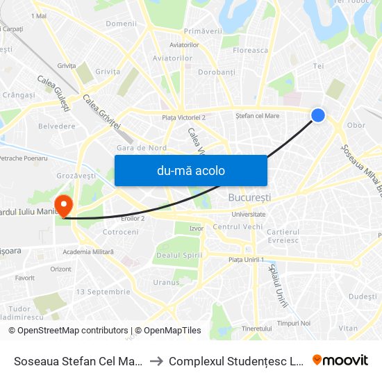 Harta de Soseaua Stefan Cel Mare către Complexul Studențesc Leu
