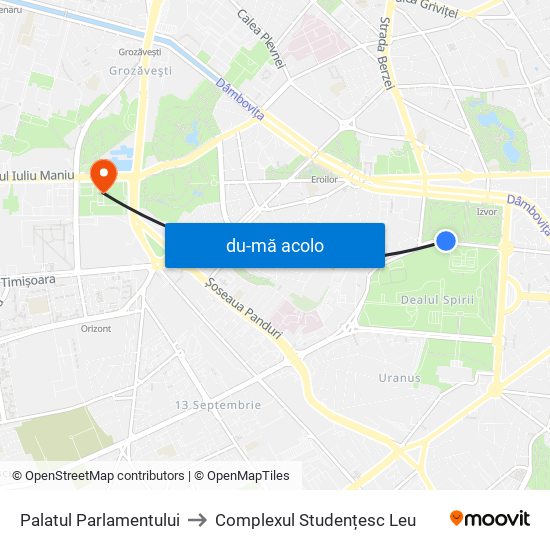 Harta de Palatul Parlamentului către Complexul Studențesc Leu