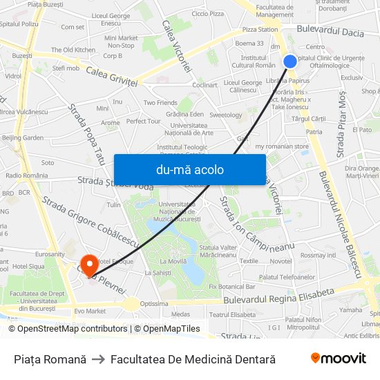 Harta de Piața Romană către Facultatea De Medicină Dentară